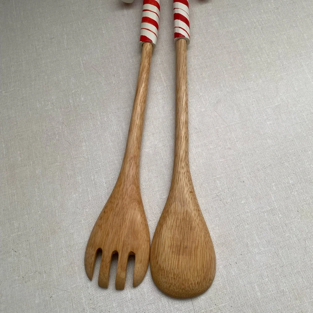 Vintage Christmas Wooden Salad Servers spoons with‎ Candy Cane Handles
